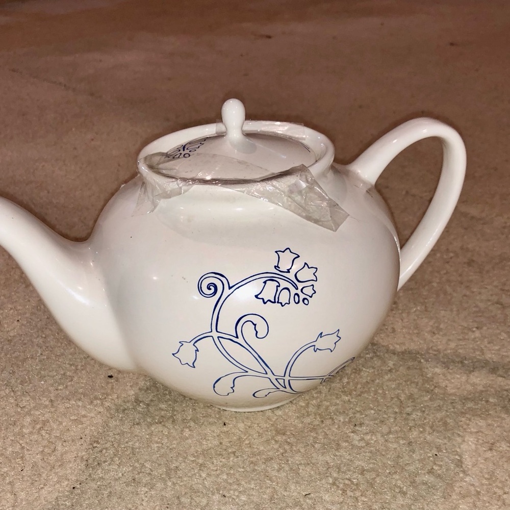 White Ceramic IKEA Teapot with Blue Floral Motif
